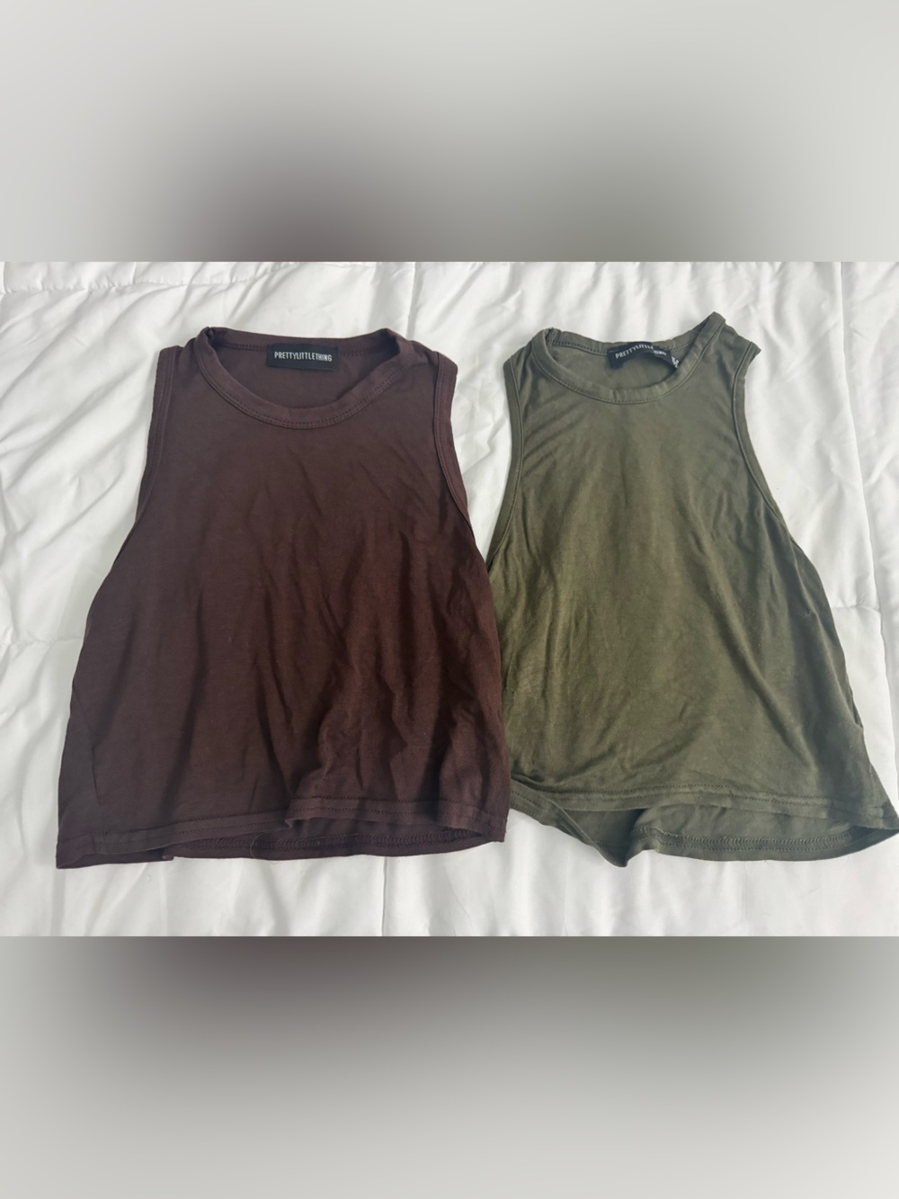 PrettyLittleThing Brown and Olive Green Crop Tank Tops